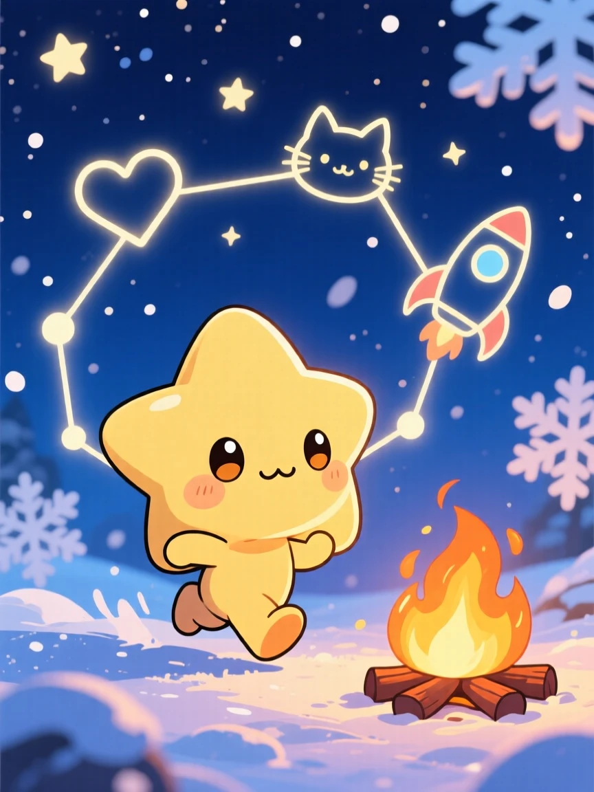 Medium shot: a tiny star creature, hopping between constellations, set against a deep indigo night sky during a cozy winter snowfall, with cozy firelight and a mood of sleepy relaxation.