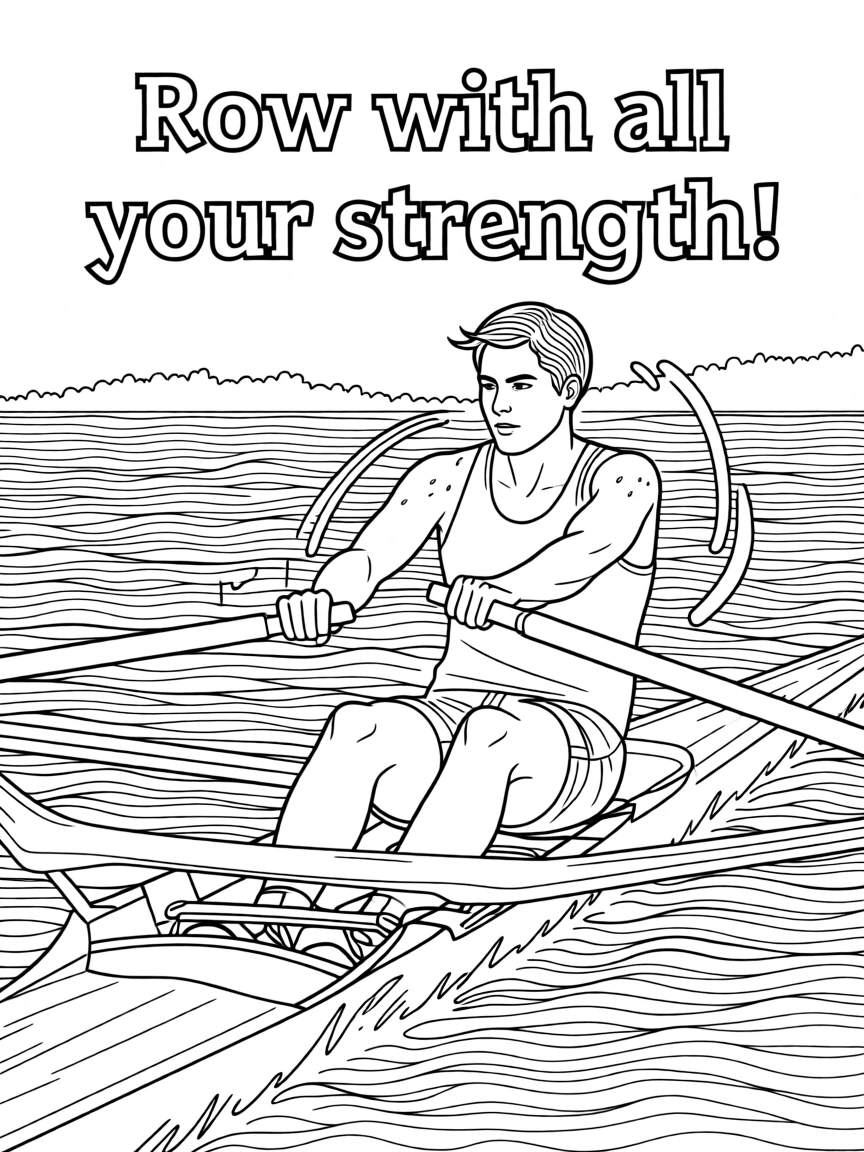 A rower pulling hard against choppy water, with sweat and motion lines emphasizing the movement.