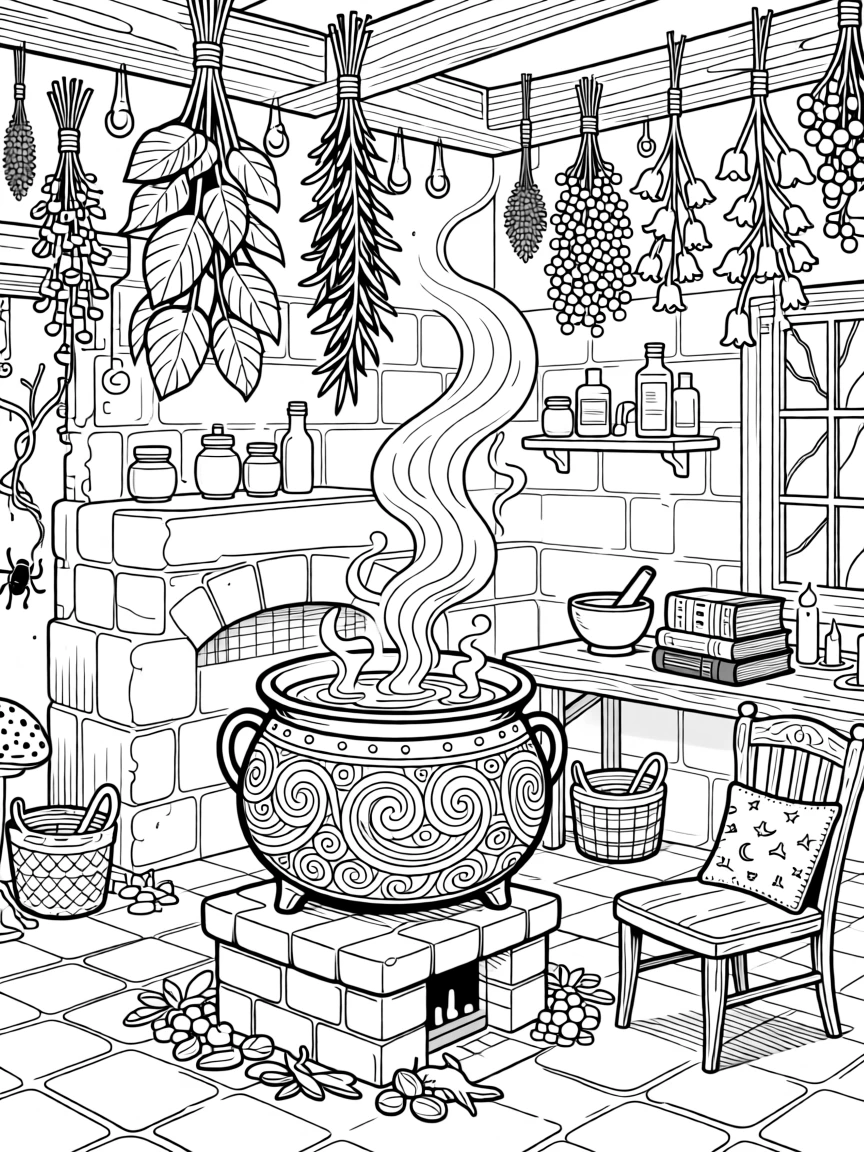 A witch's cauldron bubbling in a cottage surrounded by hanging herbs.