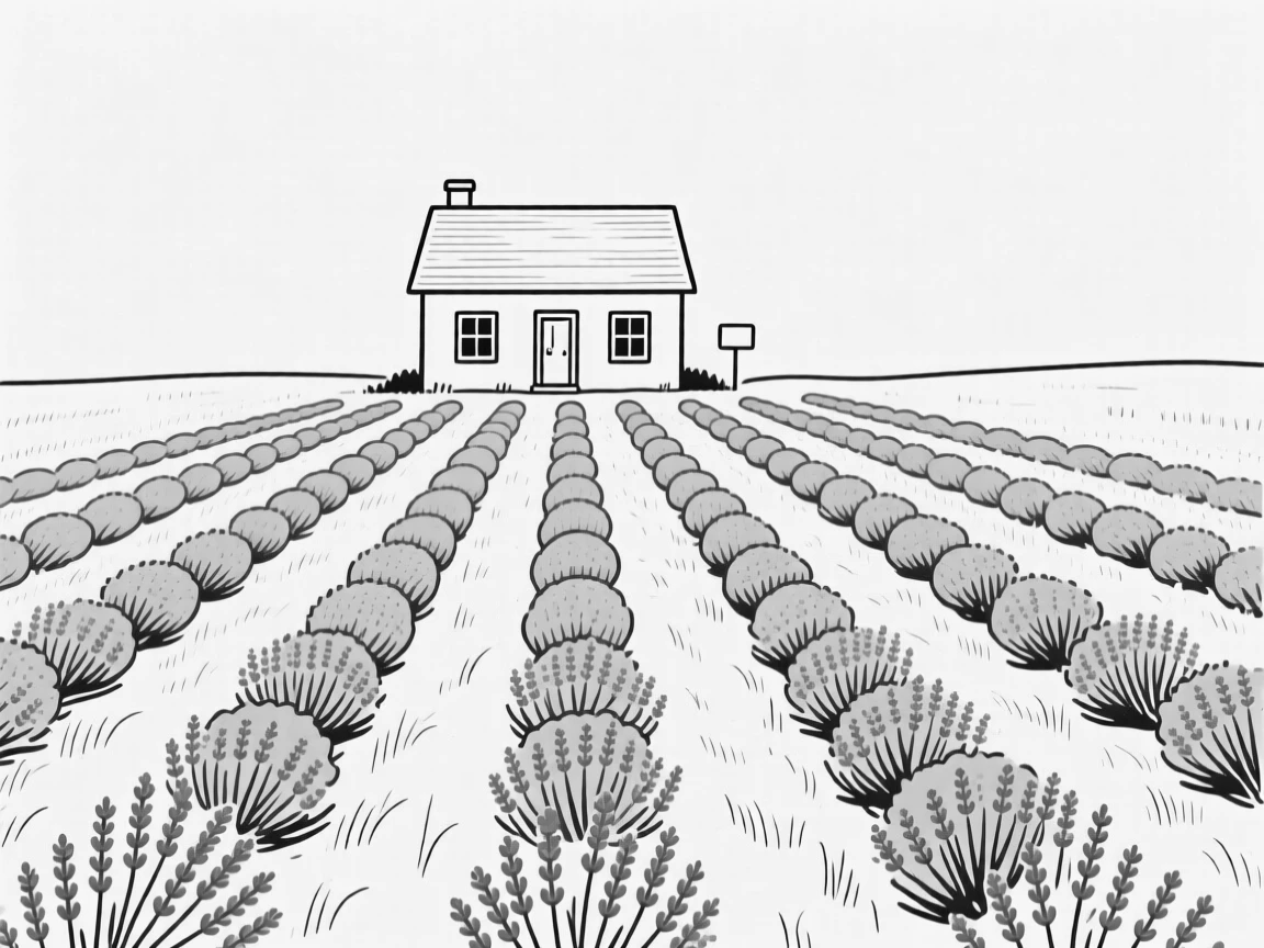 A field of lavender rows leading to a farmhouse