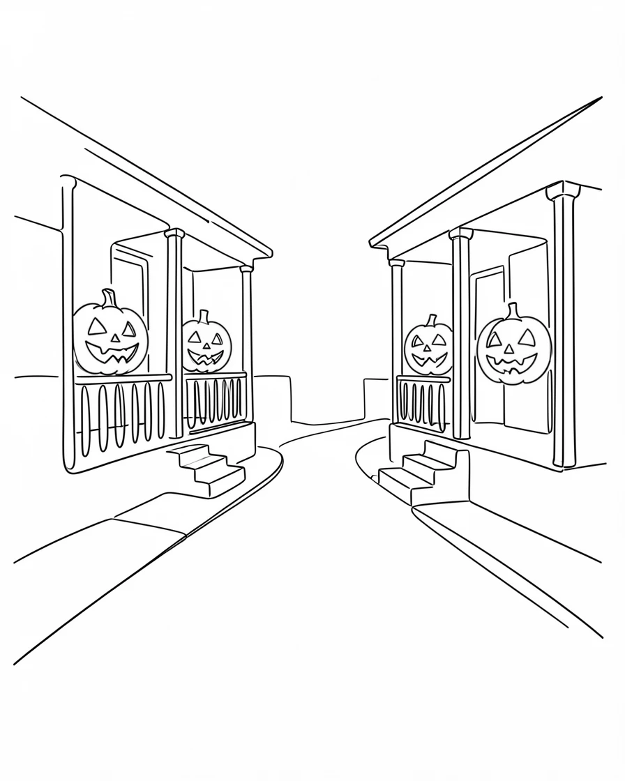A quiet suburban street lined with jack-o-lanterns on porches