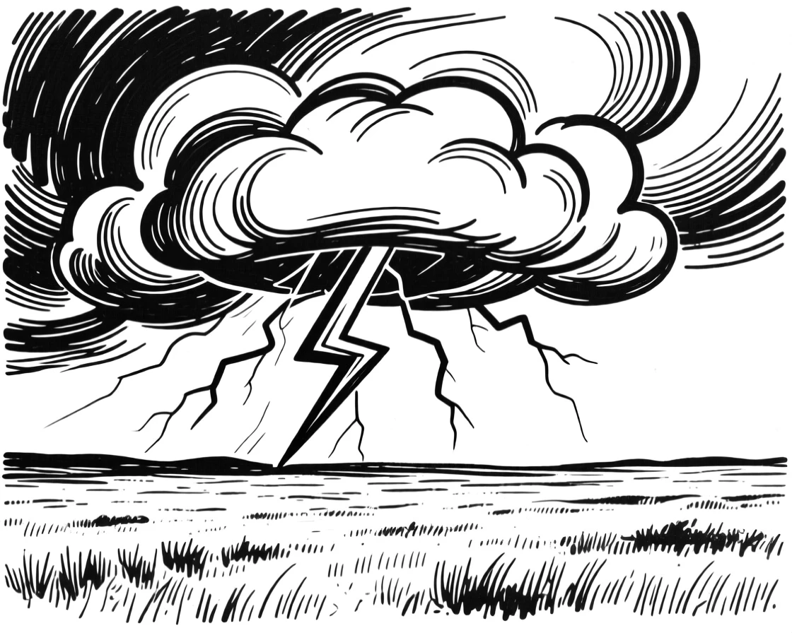 A dramatic thunderstorm rolling across an open prairie with lightning striking the horizon.