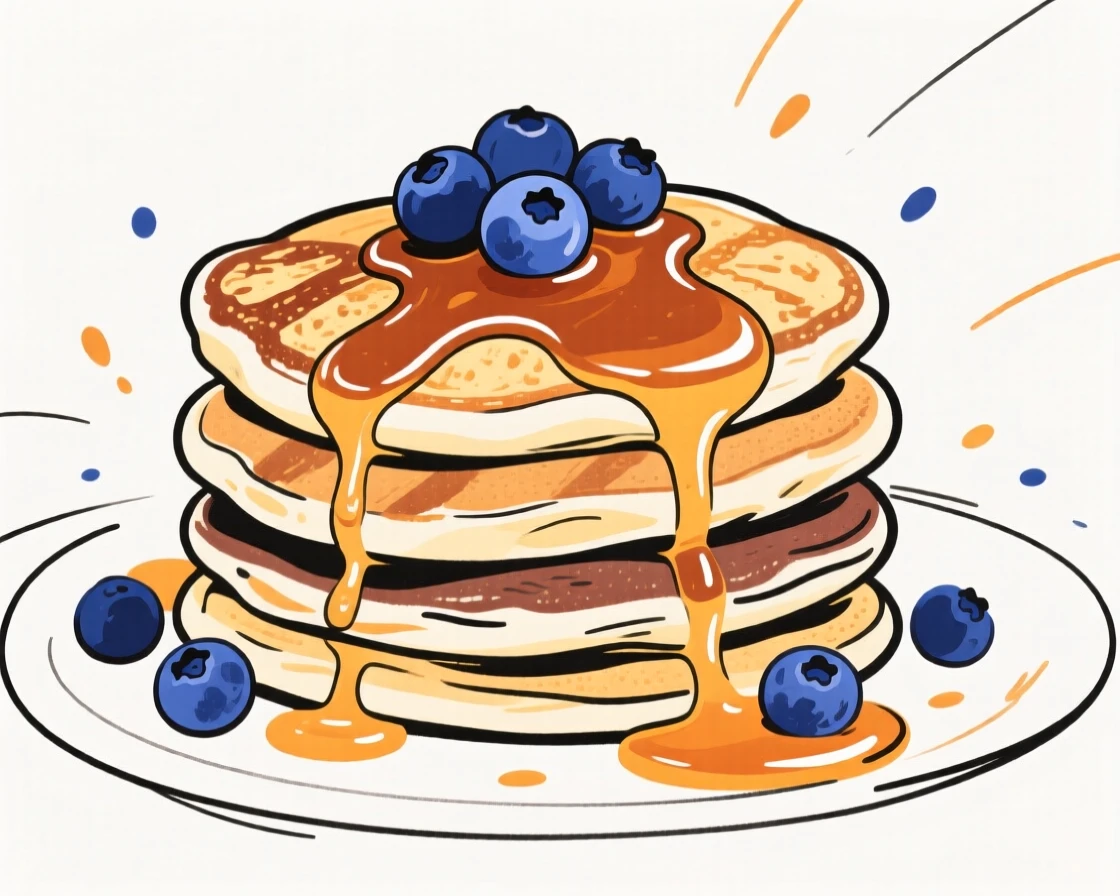 A stack of grilled pancakes topped with blueberries and maple syrup.