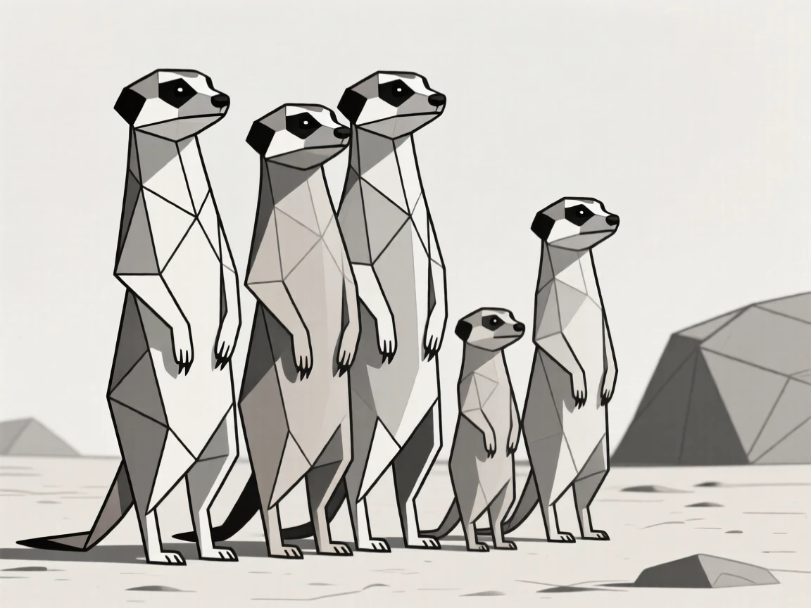 A meerkat family standing alert on their hind legs