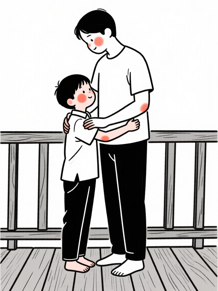 A nine-year-old boy of Filipino heritage in a sleek minimalist outfit, sharing a tender embrace, on a rustic wooden porch.