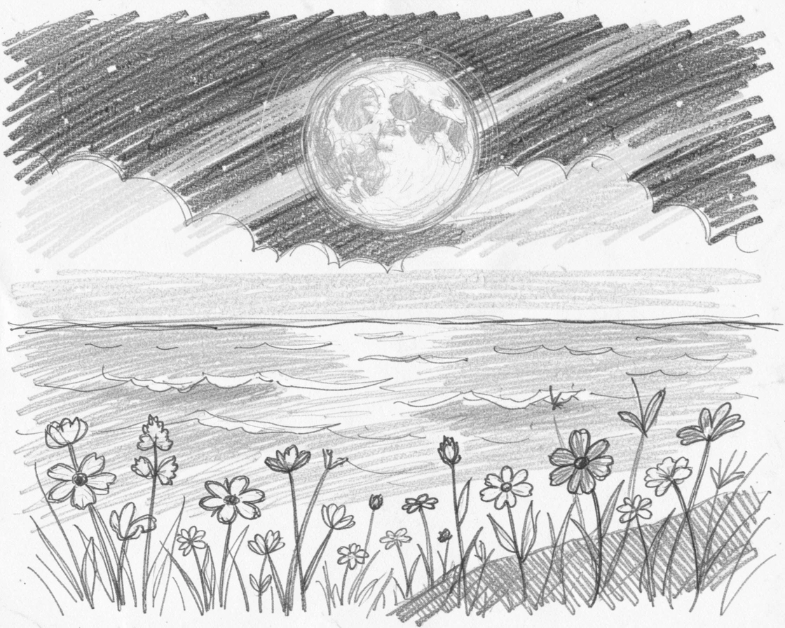A breathtaking view of a moonlit ocean horizon, lit by streaks of golden afternoon sun, with wildflowers scattered across the foreground.