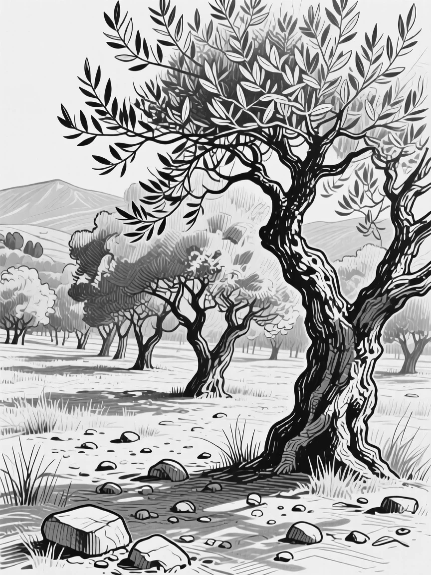 A quiet olive grove bathed in warm Mediterranean sunlight.