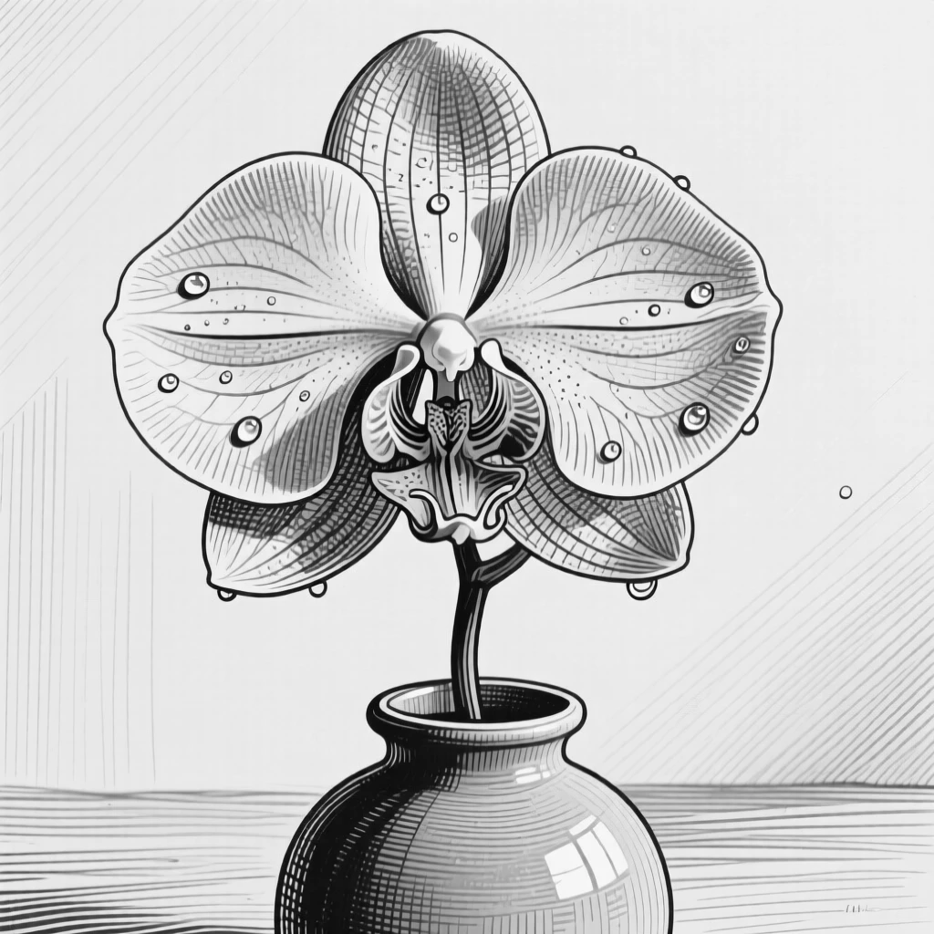 An orchid in full bloom framed by soft morning dew, with the texture of each petal richly defined, composed in a warmly inviting still-life arrangement.