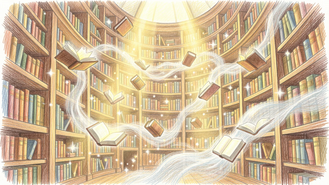 A magical library with floating books and drifting golden light, surrounded by swirling mist and drifting sparkles of light, designed to feel enchanting, dreamy, and otherworldly.