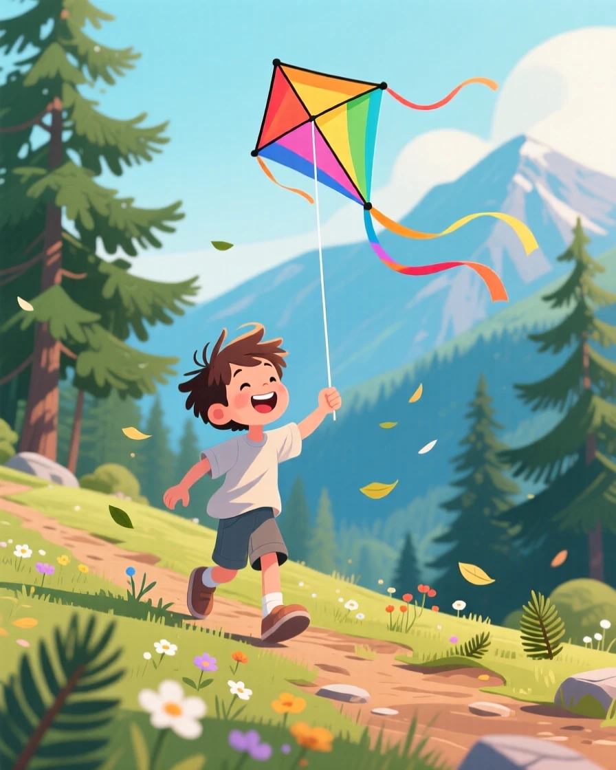 A little boy flying a colorful kite on a windy hill, on a scenic mountain trail surrounded by pines, composed with soft depth of field drawing focus to the subject, with small joyful details like flying hair or bright laughter.