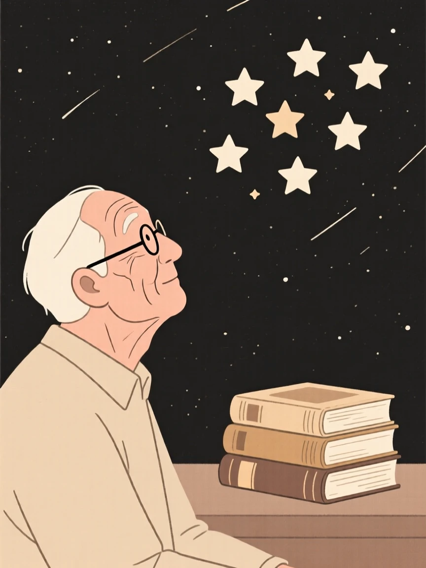 A portrait of an elderly man gazing at the stars near a stack of old books, filled with warm connection.