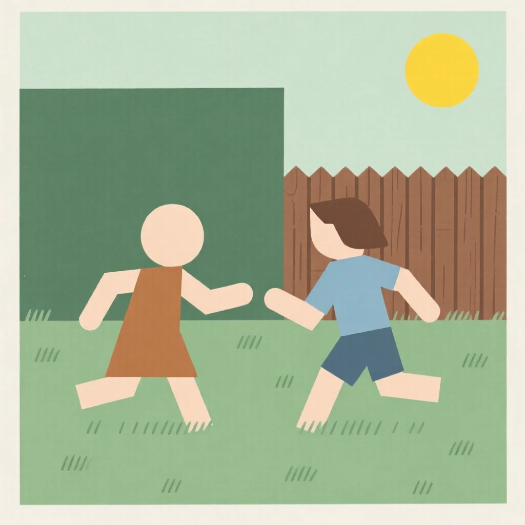 Siblings playing tag in a backyard