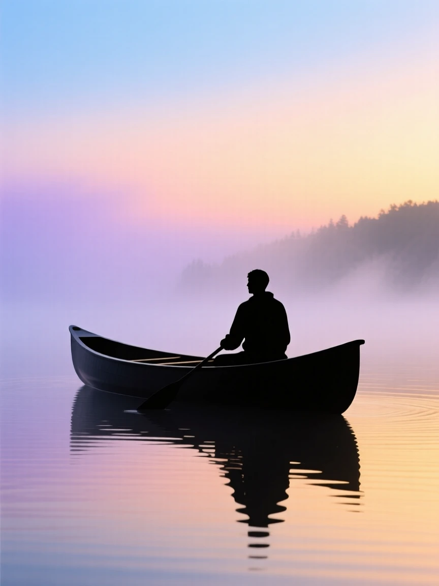 A canoe gliding silently across a misty lake at first light.