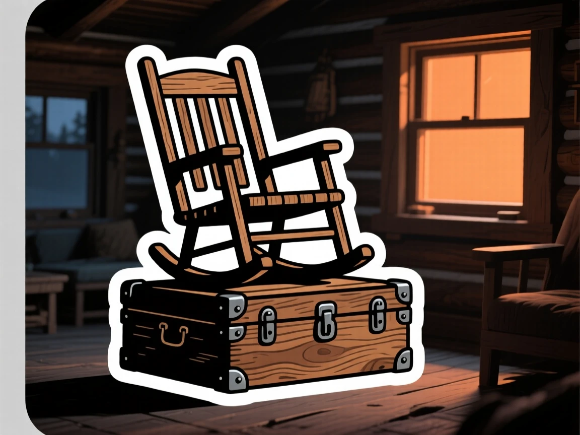 A delightfully simple wooden rocking chair, sitting atop an old wooden trunk, in a cabin during a cozy evening.