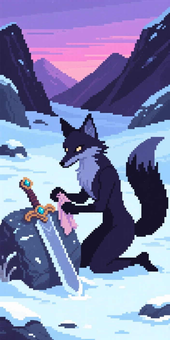 A shapeshifting fox spirit polishing a legendary sword on a stone, in a snowy mountain pass at dusk.