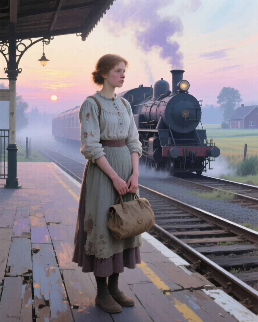 A medium shot of a farm girl on a train platform at dusk, glowing with pride, at dawn.