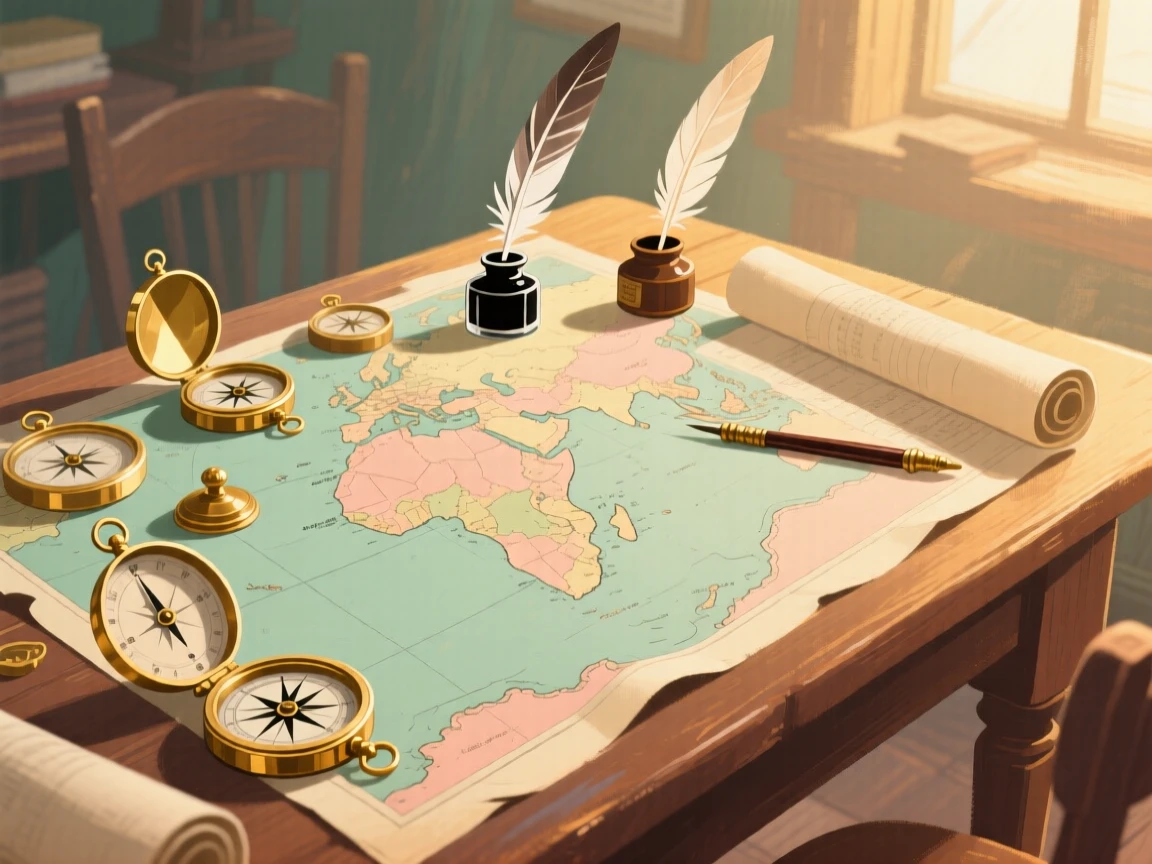 An old map table strewn with compasses, quills, and sea charts