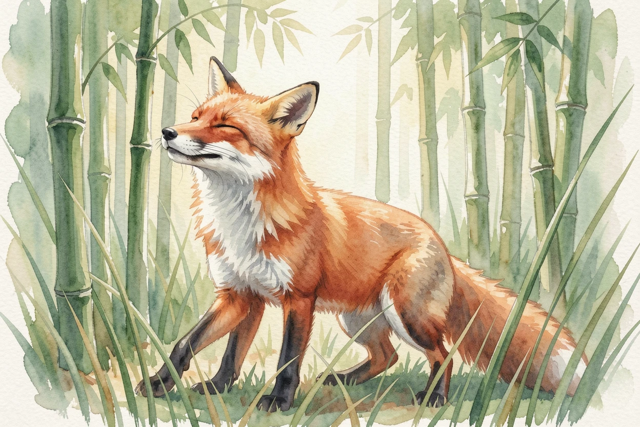 A red fox in tall grass in a peaceful bamboo forest mid-yawn and stretching.