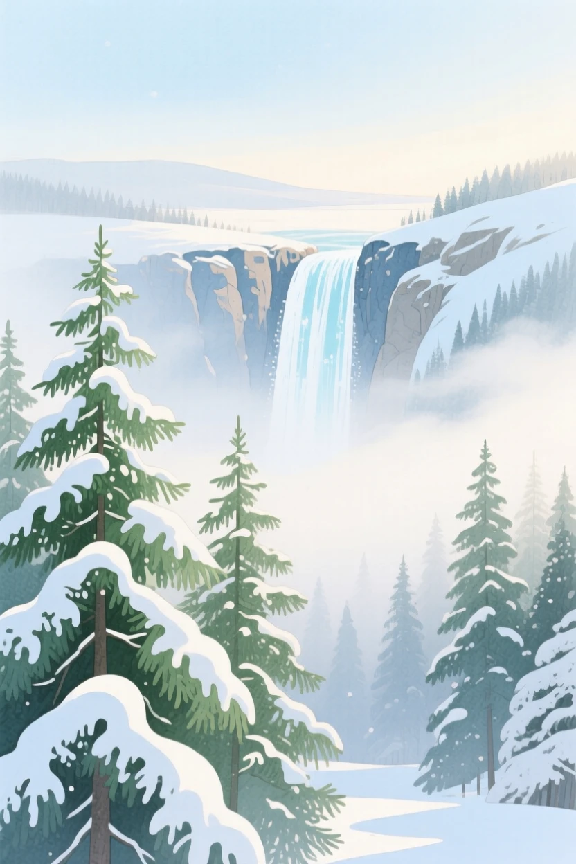 A breathtaking view of a snow-dusted pine forest as fog lifts from the valley, with a waterfall cascading in the distance