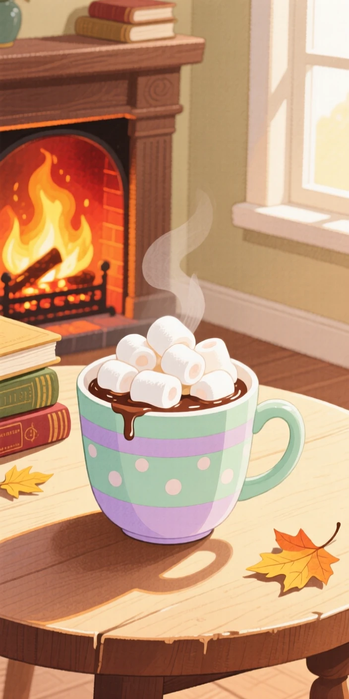 A hot chocolate topped with marshmallows by a fireplace, arranged invitingly on a sunny table.