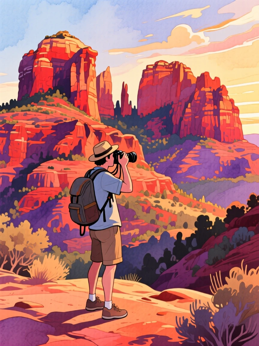 A photographer captures the golden light amid the towering red rock formations of Sedona at sunset, filled with the romance of travel.