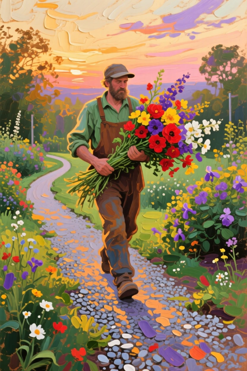 a gardener carrying fresh-cut flowers along a gravel path, in the last light before evening, composed along a natural leading line.