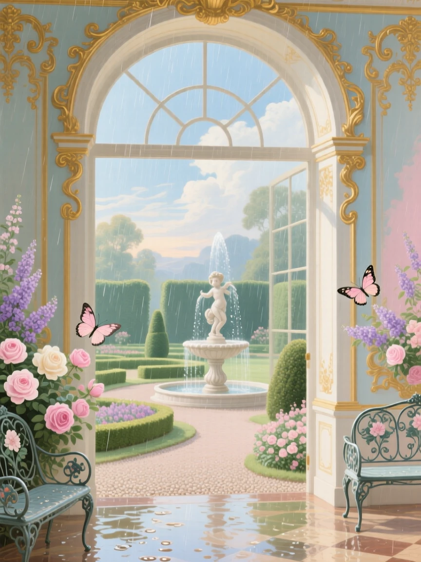 A formal garden framed through a palace window after a summer rain  