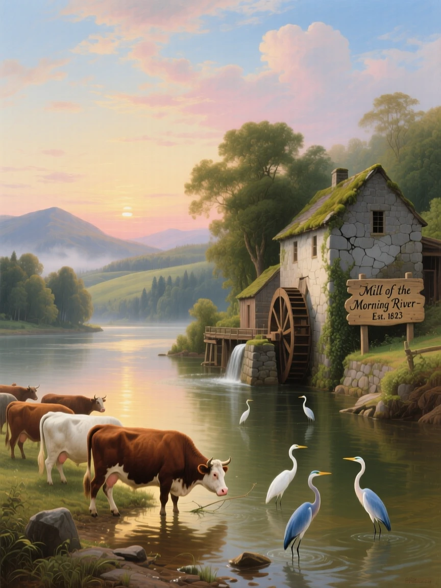 A herd of cattle fishes along the banks of a river lined with old stone mills while herons wade in the shallows.
