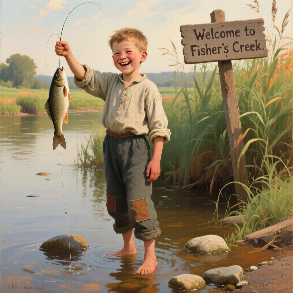 A little boy grinning ear to ear while catching his first fish, every wrinkle and expression telling a story of a life fully lived, evoking warmth, empathy, and genuine connection
