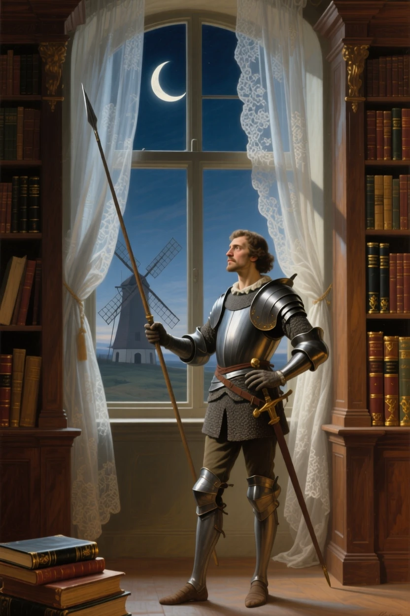 Don Quixote tilting his lance toward a distant windmill at the exact moment magic and reality intertwine, set within a cozy library filled with worn, beloved books, with a crescent moon rising behind delicate lace curtains; a diagonal beam of moonlight highlights the pivotal narrative moment, radiating whimsy touched with gentle melancholy.