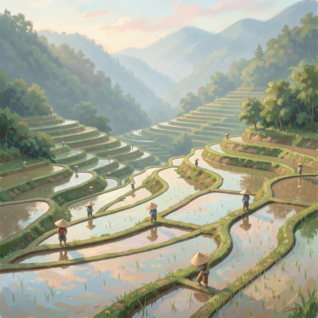 Terraced rice paddies cascading down a green mountainside, farmers in wide straw hats working among the flooded terraces.