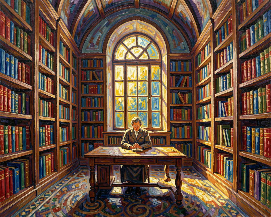 A grand old library with towering bookshelves and a single reader bathed in window light.