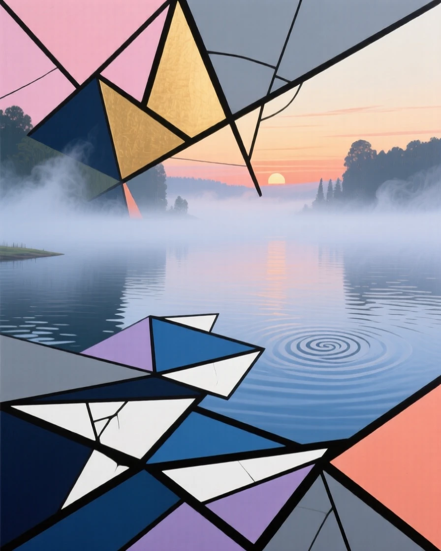 A misty morning fog rolling gently across a still lake at dawn.