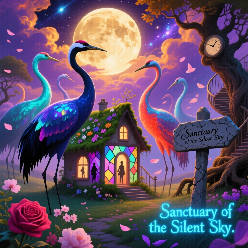 A flock of cranes carrying a small house gently between them rests peacefully beneath the glow of a rising moon, while soft petals drift down from an unseen sky above.