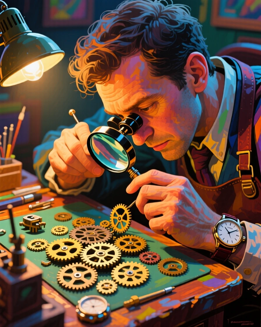 A watchmaker examining tiny intricate gears through a jeweler's loupe under warm desk light