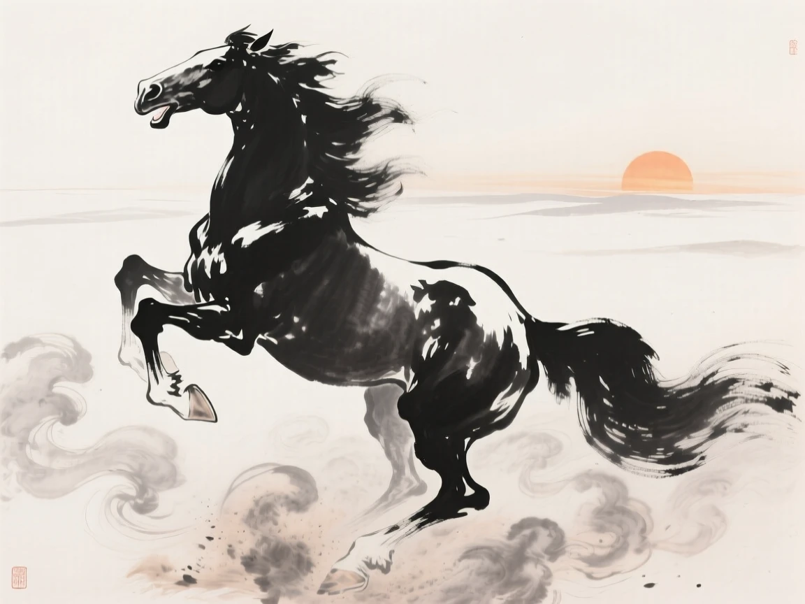 A horse rears on its hind legs in a cloud of dust, as the sun sinks below the horizon.
