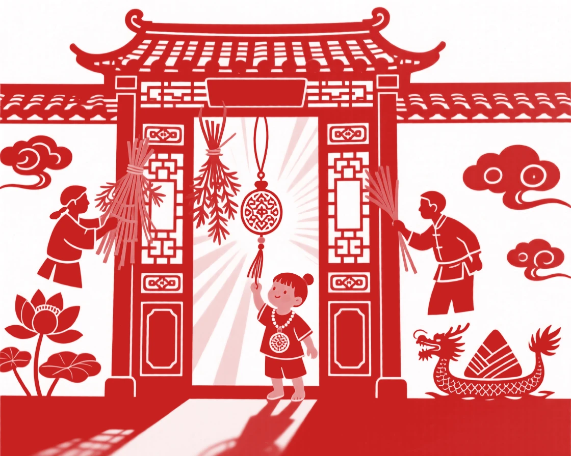 Villagers hanging bundles of mugwort and calamus leaves above a doorway for the Dragon Boat Festival, a small child wearing a perfume pouch necklace, sunlight slanting across the threshold