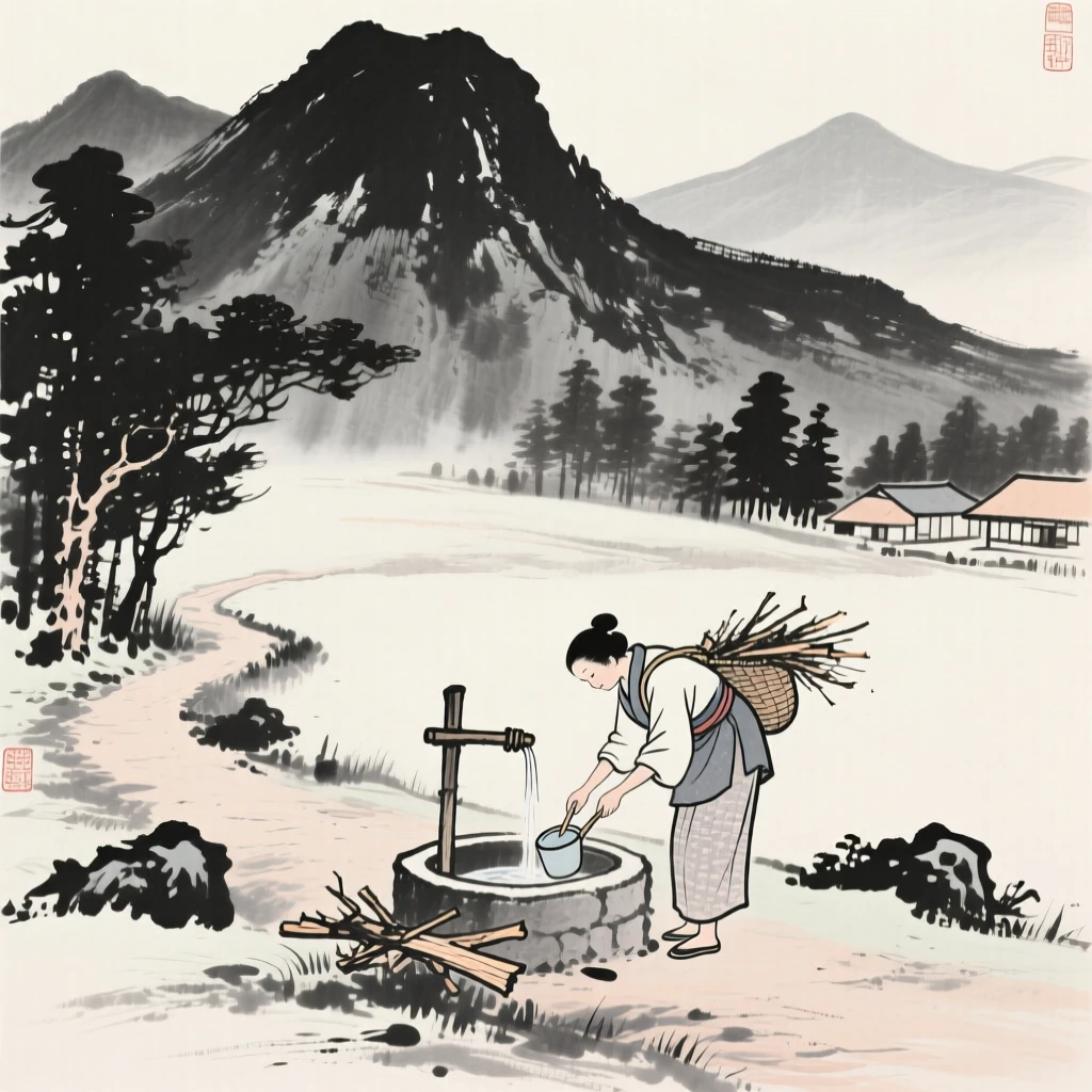A woman gathering firewood drawing water from a village well along a quiet mountain trail, framed small within a vast, quiet landscape, conveying quiet devotion and simple contentment.