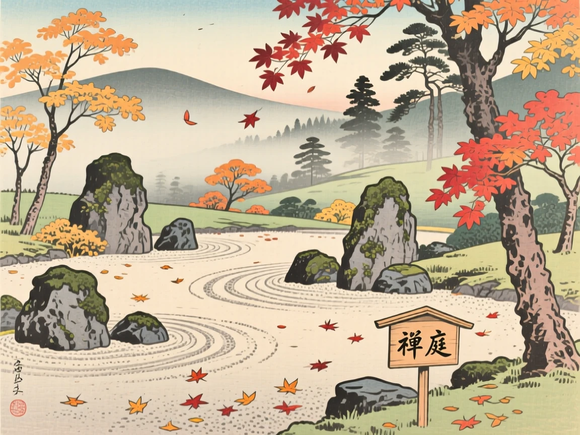 A raked zen rock garden, surrounded by drifting autumn leaves.