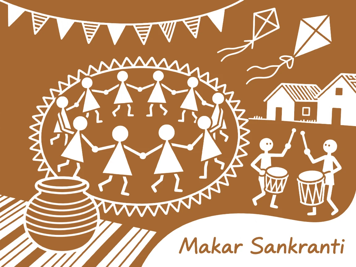 Makar Sankranti celebrated with villagers dancing in a large circle.