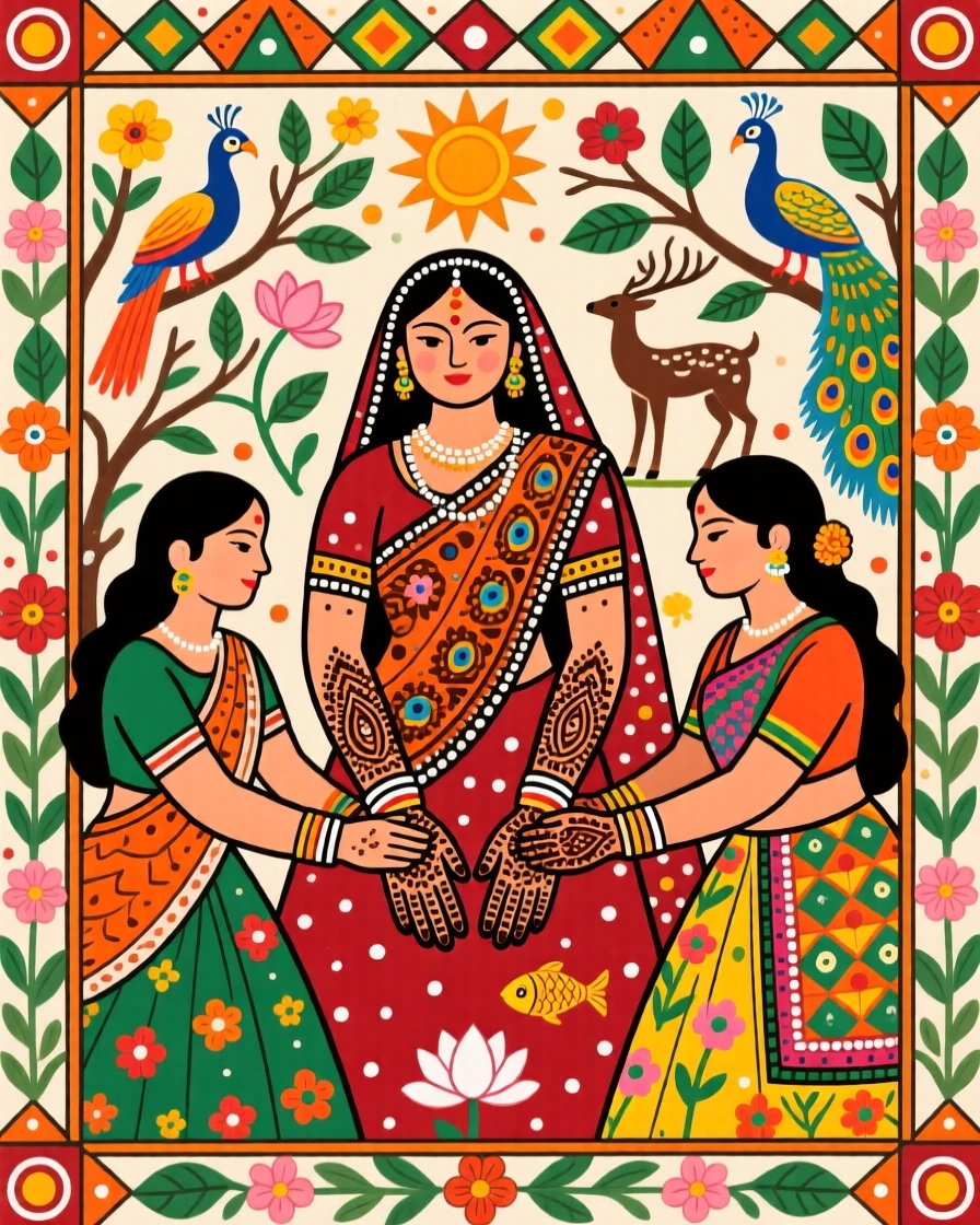 Women applying intricate henna patterns to a bride's hands.