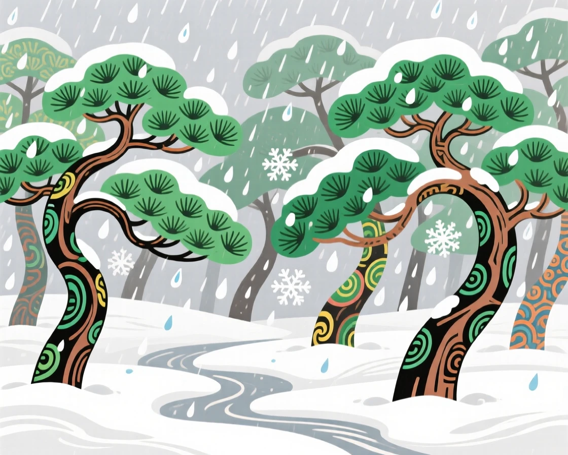 A pine forest blanketed in fresh snow, during a light drizzle.