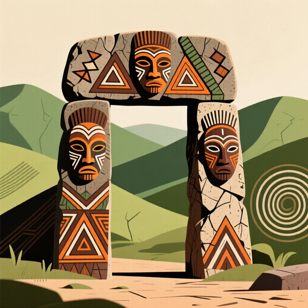 A carved stone gateway nestled among rolling green hills.