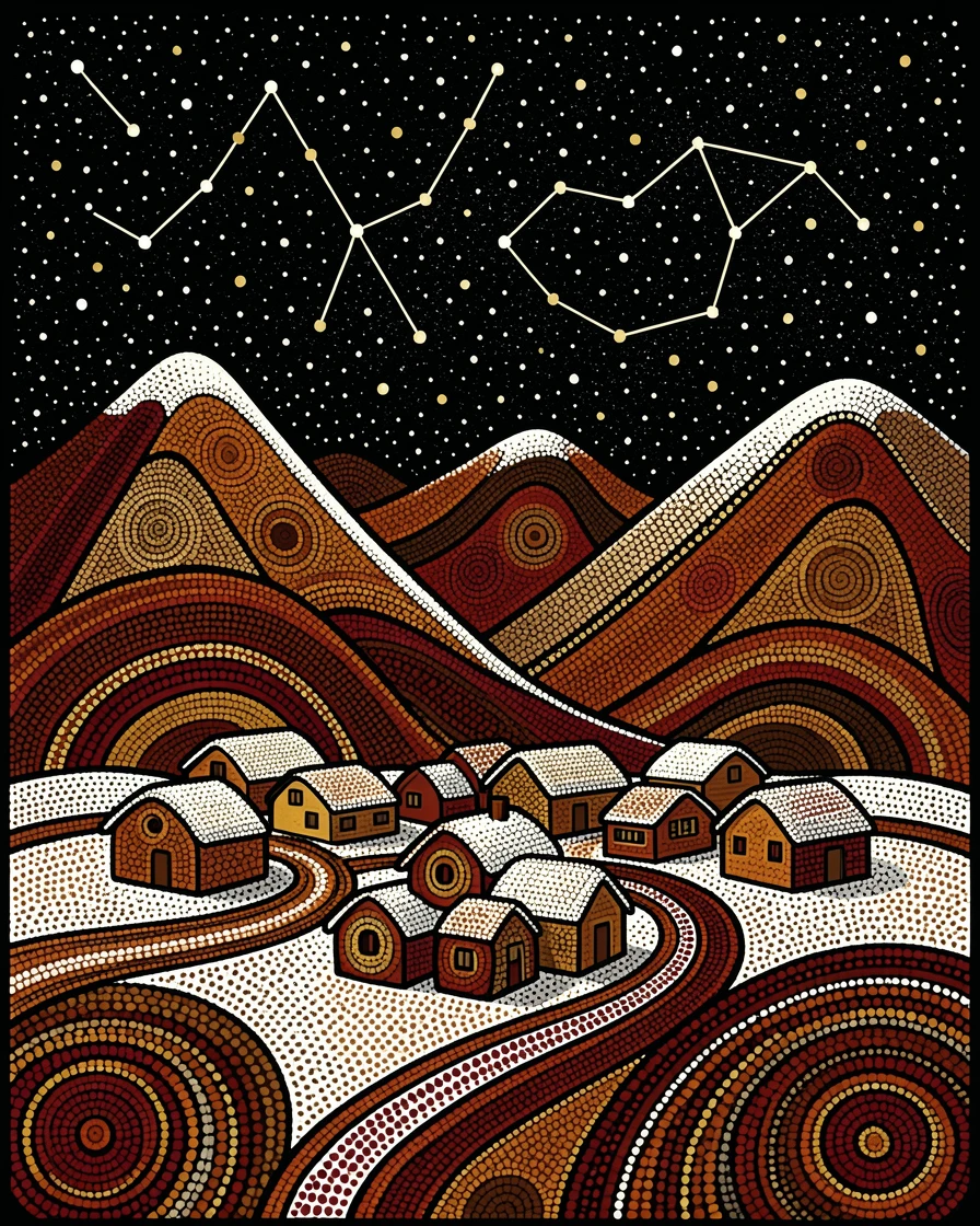 A snowbound mountain village beneath a starry night sky