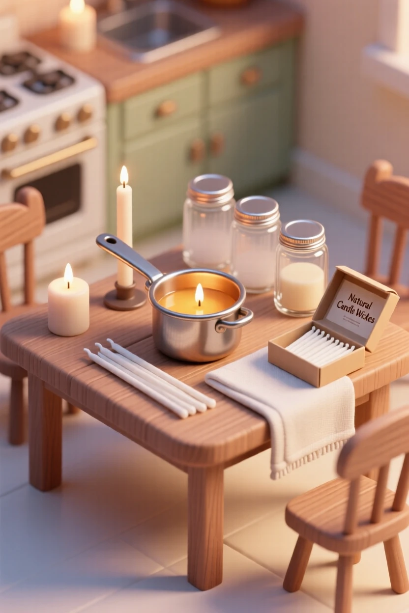 A cozy evening of candle making at a kitchen table, wax melting in a pot, wicks lined up, and jars ready to be filled with warm scent.