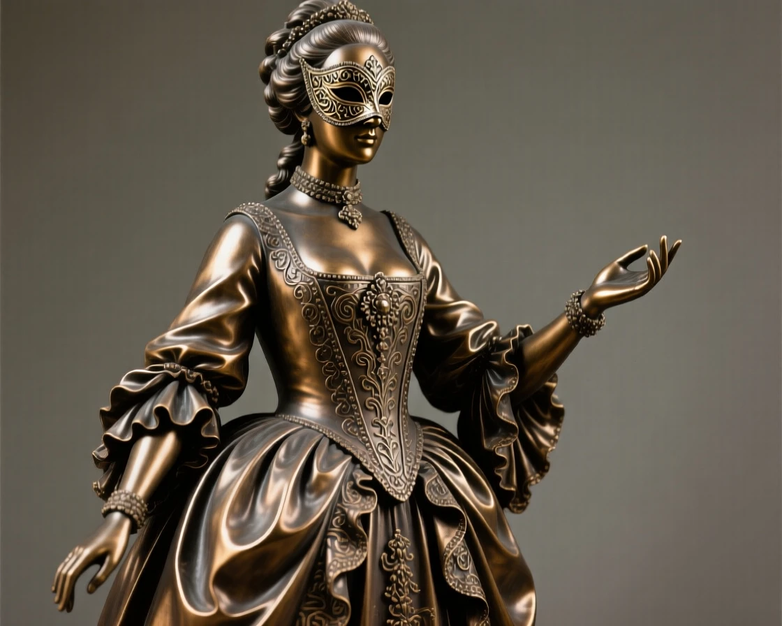 A venetian noblewoman in an ornate masquerade gown, with intricate, flowing drapery, forming a strong central focal point