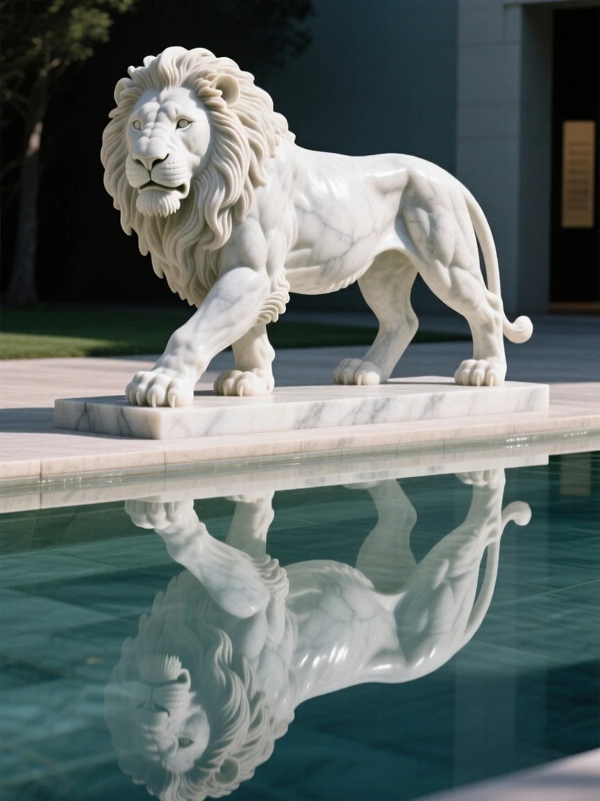A lion captured in a powerful, dignified pose reflected in still, glassy water