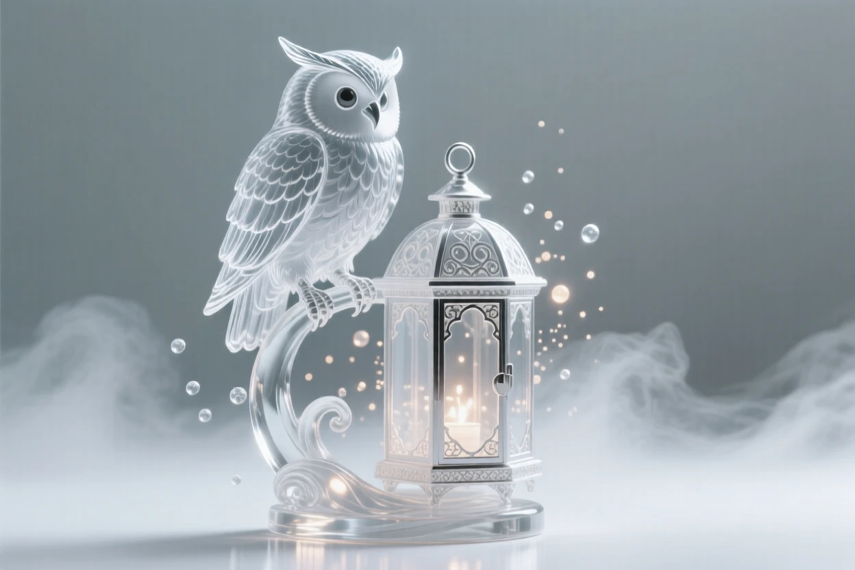A young wizard's owl companion perched on a lantern surrounded by softly glowing particles and gentle mist, wide cinematic composition, radiating magic and serenity.