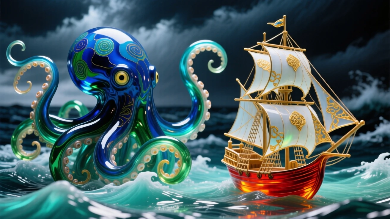 A kraken rising from stormy ocean depths beside a small sailing ship, awe-inspiring and dramatic.