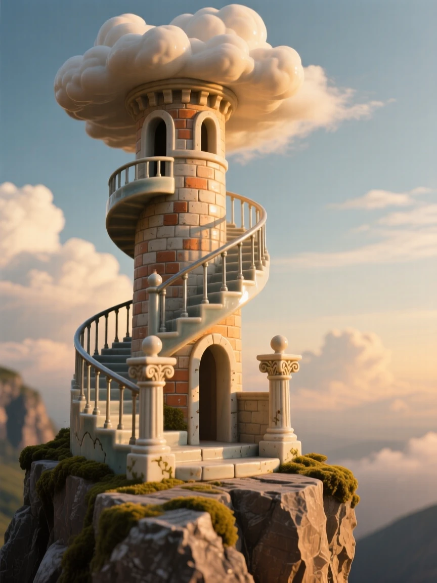 A spiral staircase tower rising toward the clouds perched dramatically at the edge of a cliff, bathed in the golden light of late afternoon, capturing the romance of a bygone era.